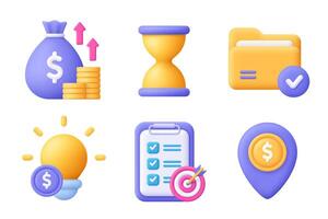 Money bag, hourglass, folder, lightbulb, file and map pin. Business 3d icon set. Cartoon minimal style. vector
