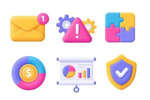 Envelope, gear, puzzle, diagram, chart, whiteboard, shield. Business 3d icon set. Cartoon minimal style. vector