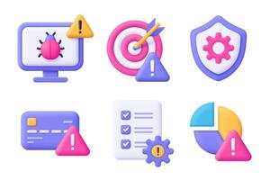 Business risk and risk management 3d icon set. Computer, target, shield, credit card, diagram, file. Cartoon minimal style. vector