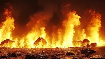 Fiery inferno with flames engulfing rocky terrain, creating a dramatic and intense scene. video