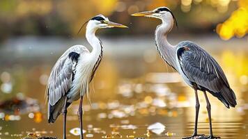 Two grey herons standing on a rock in a shallow pond with a blurry golden background. video