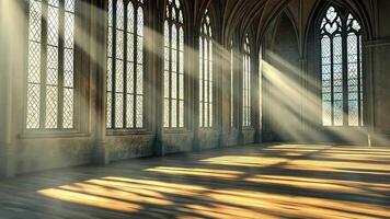 Sunlight streams through arched windows illuminating a stone hallway with wooden floorboards. video