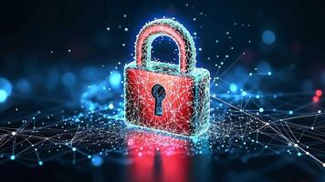 Red padlock symbol with a glowing blue mesh effect, surrounded by a network of glowing lines and dots on a dark blue background. video