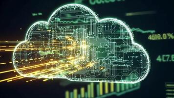 Cloud computing concept with a digital circuit board glowing in green and a dark background. video
