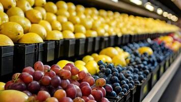 Close up of fresh produce on display at a market, featuring lemons, grapes, and blueberries. video