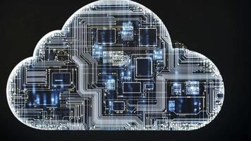 fechar acima do uma o circuito borda com brilhante brilhando fios e componentes dentro a forma do uma nuvem em uma Preto fundo. video