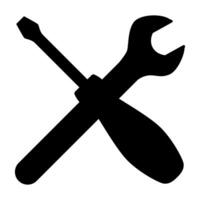 wrench and screwdriver, two crossed hand tools silhouette shape, black and white illustration, isolated on white background vector