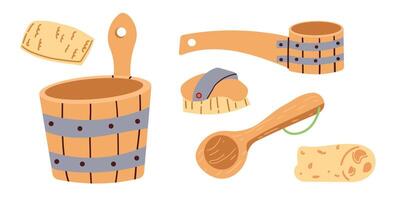 set of bath and sauna accessories. Bathhouse brush, wooden bucket, sponge , ladle isolate on white . vector