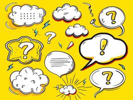 A colorful collection of comic-style speech and thought bubbles on a vibrant yellow background. vector