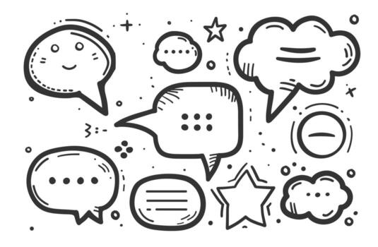 dibujado a mano habla y pensamiento burbujas en negro y blanco diseño, presentando varios formas y puntos vector