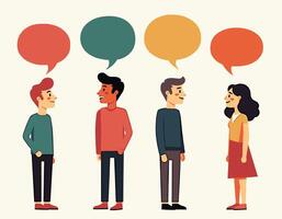 Four cartoon characters, diverse in gender and ethnicity, engage in conversation with colorful speech bubbles representing dialogue and expression above them. vector