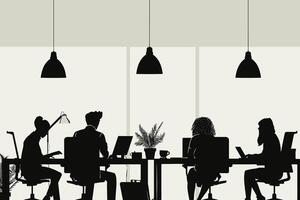 Silhouettes of diverse professionals working at a modern office table, laptops open. vector