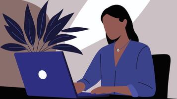 Illustration of a woman with medium skin tone working on a laptop, set against a minimalistic backdrop with abstract plants. vector