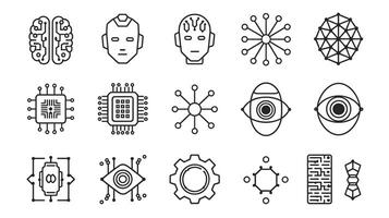 A collection of technology and AI-themed line icons on a white background, featuring brain, robot faces, microchips, eyes, gears, and network patterns. vector
