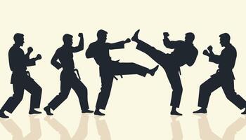 Silhouettes of multiple martial artists practicing kicks and punches in a synchronized manner against a light background. vector