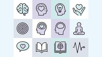 Illustrated icons representing mental health and wellness concepts, featuring brains, hearts, and meditation symbols in pastel colors. vector
