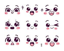 Cute kawaii faces with various expressions in a playful cartoon style on a white background. vector