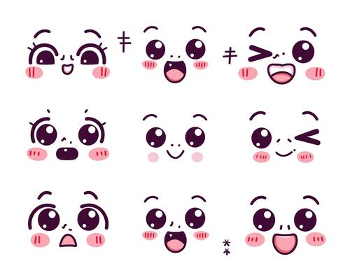 Cute kawaii faces with various expressions in a playful cartoon style on a white background.