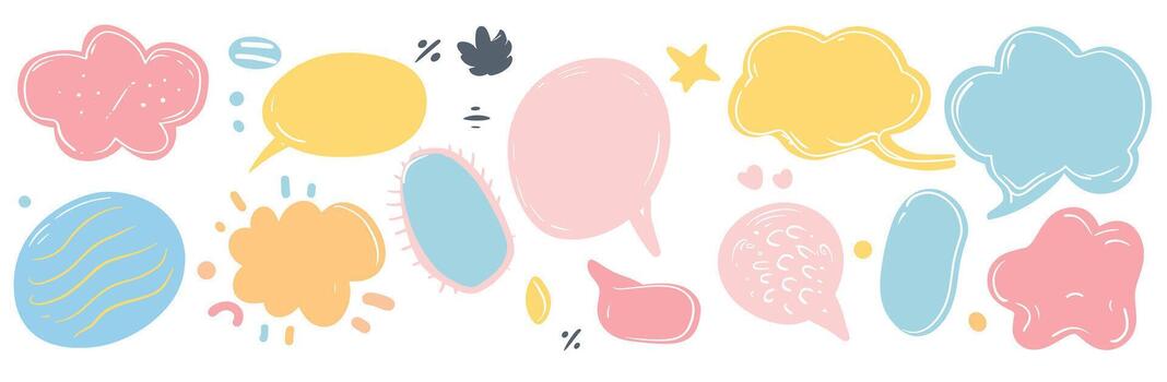 A colorful collection of speech and thought bubbles in various shapes and pastel tones. vector