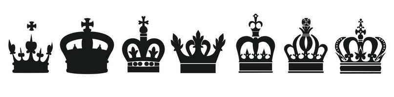 Collection of seven black silhouette crowns in various intricate designs on a white background. vector