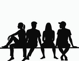Silhouettes of four seated people on a bench, two women and two men, against a stark white background, capturing a moment of casual interaction. vector