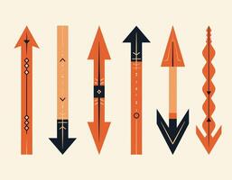 A collection of six stylized arrows in varying designs and shades of orange and black against a light background, showcasing diverse geometric patterns. vector