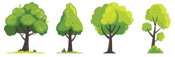 Illustration of four diverse trees showcasing various shapes and green foliage on a white background. vector