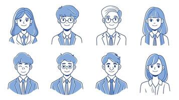Illustration of diverse students in uniform, smiling in a blue monochrome palette. vector