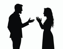 Silhouette of a man and woman engaged in an intense conversation, captured in dramatic profile against a stark white background. vector