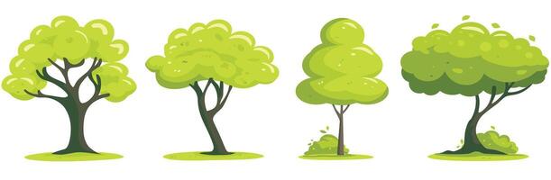 Cartoon-style illustration of four different green trees with varying shapes and foliage. vector