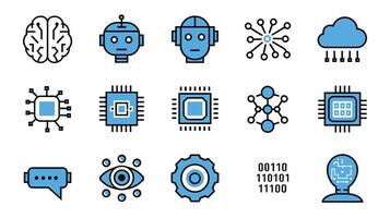 Illustration of artificial intelligence icons including robots, neural networks, and data symbols in blue and black on a white background. vector