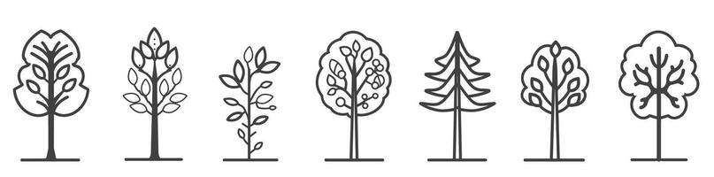 Illustration of diverse tree designs in black and white, demonstrating various shapes and patterns. vector