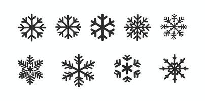Illustration of eight distinct black snowflake icons on a white background, showcasing diverse geometric patterns. vector