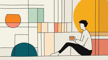 Minimalist illustration of a person enjoying a cup of coffee in a modern abstract setting with vibrant geometric shapes. vector