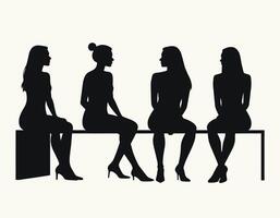 Silhouettes of four women sitting in conversation on a bench, showcasing diverse hairstyles and elegant poses in a minimalist setting. vector