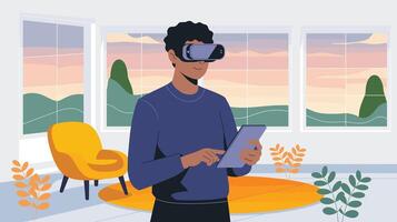 A young Black man using a virtual reality headset and tablet in a modern living room, surrounded by colorful furniture and large windows showcasing a sunset view. vector