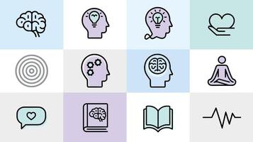 Illustration featuring symbols representing mental health, mindfulness, and personal growth concepts on pastel backgrounds. vector