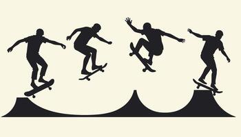 Silhouetted skateboarder performing dynamic tricks on a half-pipe ramp, showcasing fluid movement and skill. vector