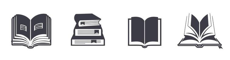 Illustrations of open and stacked books in simple black and white silhouettes. vector