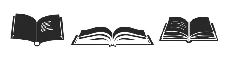 Stylized black and white illustrations of three open books in various orientations. vector