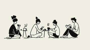 Minimalist illustration of four people engaged in reading and conversation around a coffee table. vector