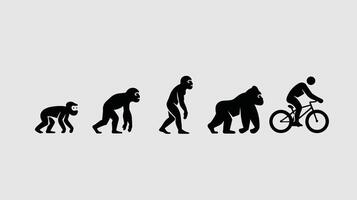 Evolution of a primate to a human riding a bicycle, depicted through a stylized black silhouette sequence. vector