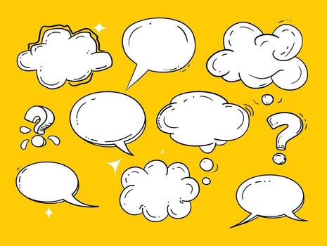 varios habla y pensamiento burbujas con un caprichoso diseño en un vibrante amarillo antecedentes. vector