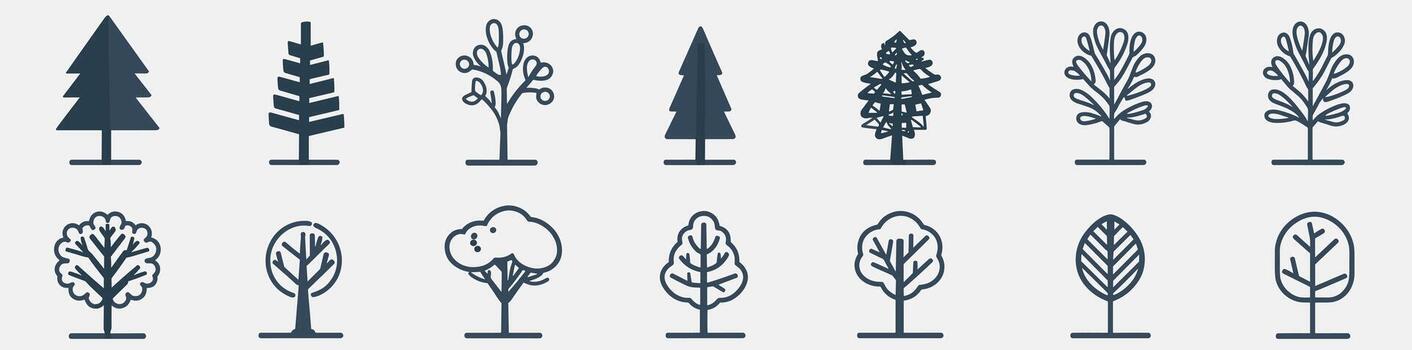 ilustrado árbol íconos representando varios árbol formas y estilos en un minimalista diseño. vector
