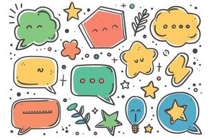 Colorful cartoon speech bubbles and shapes with smiling faces on a playful background. vector