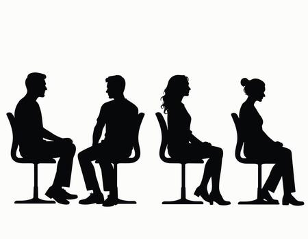 siluetas de dos hombres y dos mujer sentado en sillas frente a cada otro, creando un simétrico y equilibrado composición de humano formas en perfil. vector