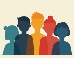 Colorful illustration of five gender-neutral silhouettes, each uniquely shaded, representing diversity and unity against a light background. vector