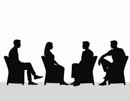 Silhouetted figures engage in conversation, seated in chairs against a white background, creating a minimalist and introspective atmosphere. vector
