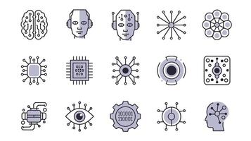 A collection of AI and technology icons depicting brain, neural networks, robotics, and data processing elements on a white background. vector