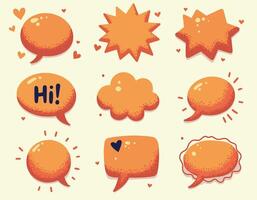 A collection of nine orange speech bubbles with whimsical designs and heart accents on a light background. vector